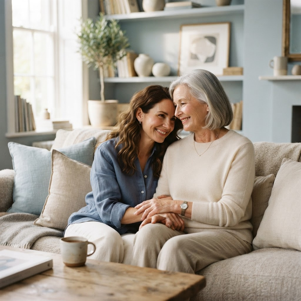 An older woman and her adult daughter sharing a peaceful moment