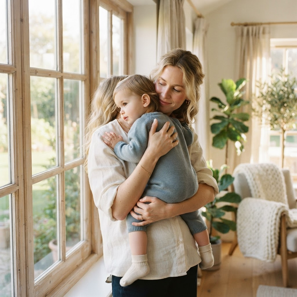 A parent holding their child near a sunlit window